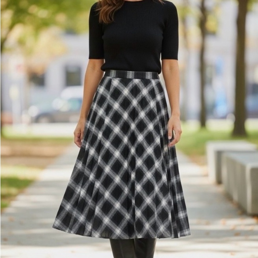 Mango Black and White Plaid Midi Skirt